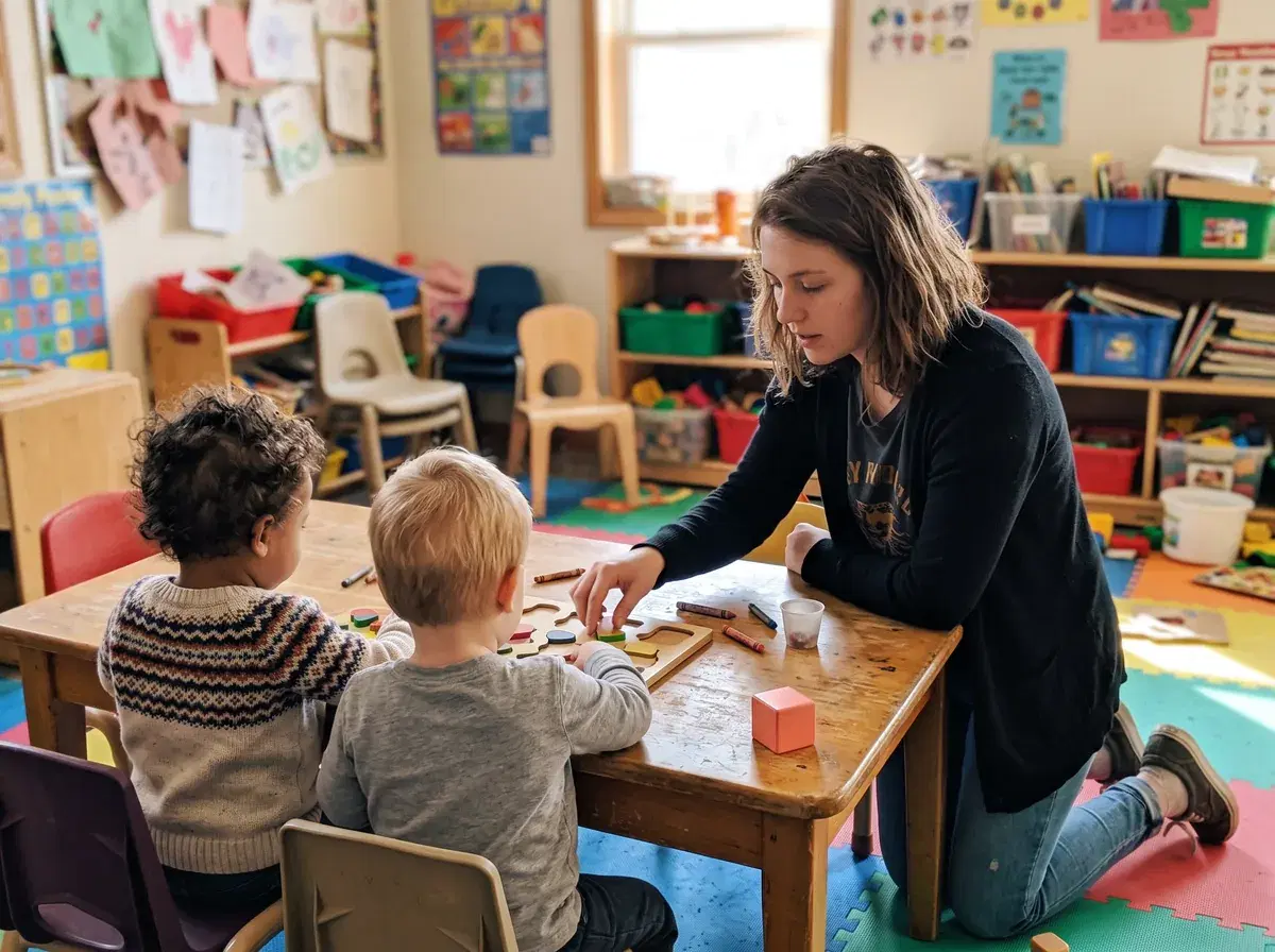 An assistant teacher helping two toddlers with a puzzle in a preschool classroom