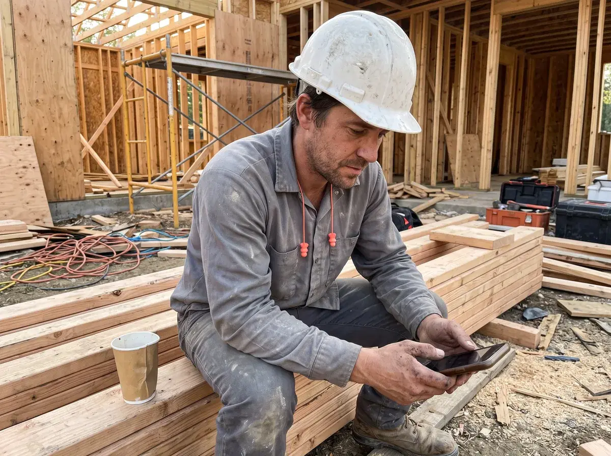 A construction worker on a job-site break checking his phone