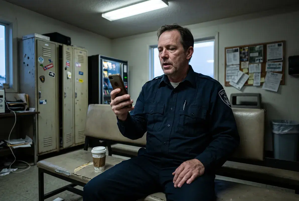 A security guard taking a video interview on his phone in a staff break room early in the morning