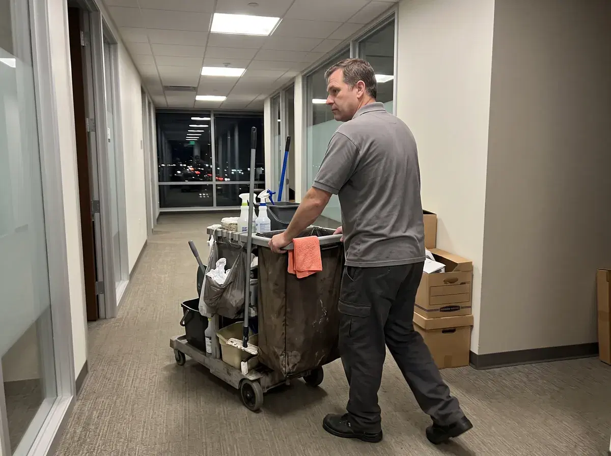 A night cleaner with his cart in an empty office corridor