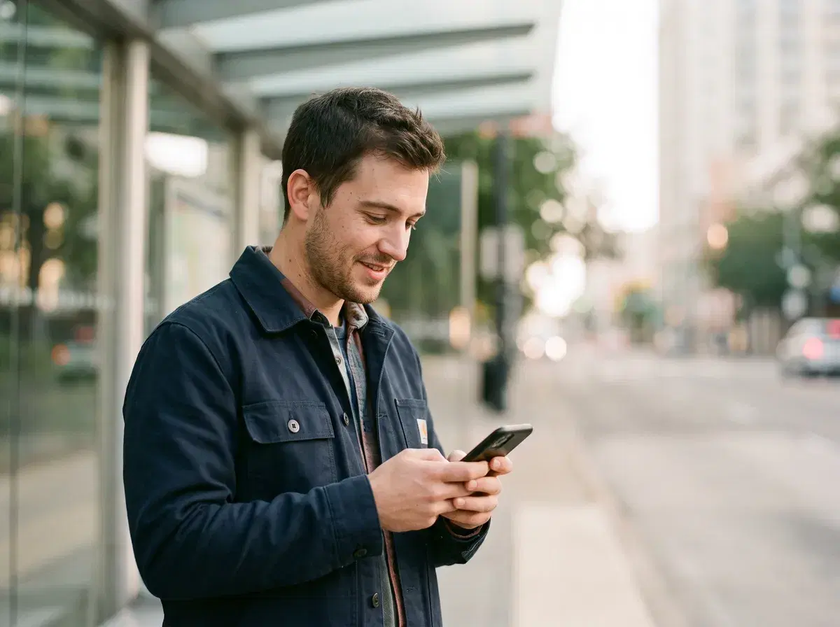 An applicant at a bus stop reading his interview invite on his phone