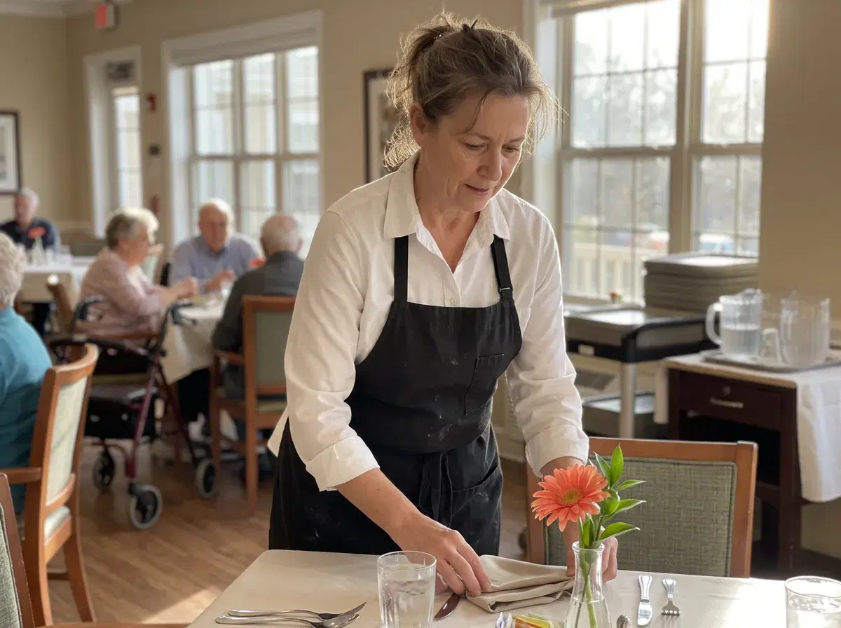 A dining server setting a table in a senior living dining room
