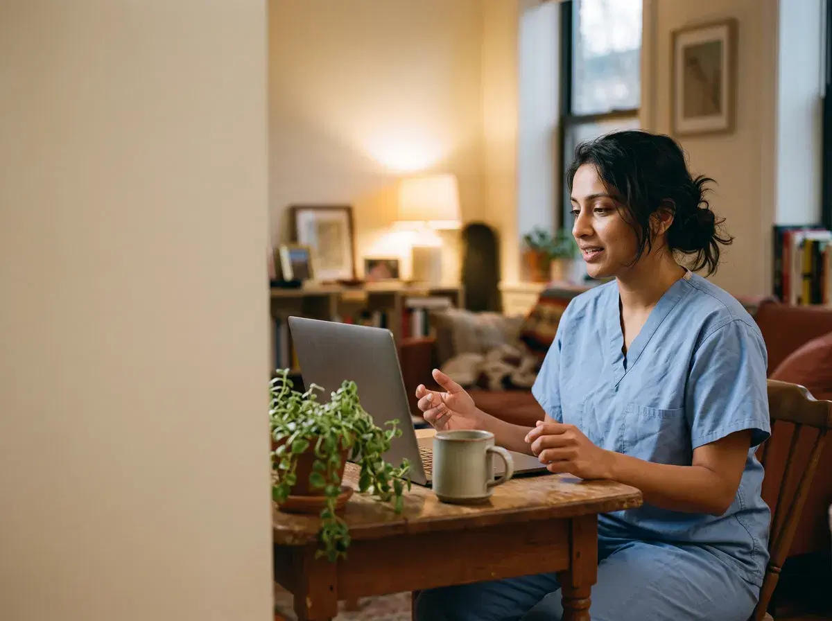 A home care aide in scrubs answering interview questions on her laptop at home