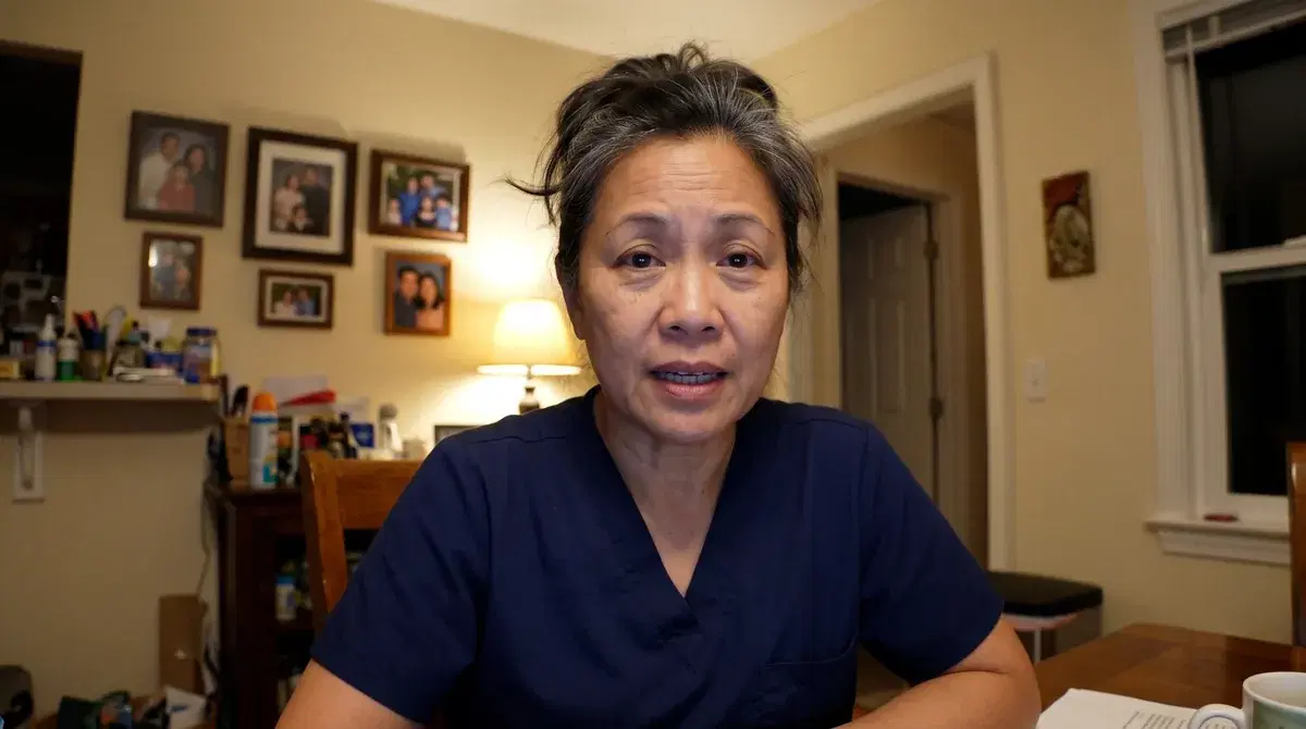 Rosa, a care aide applicant in scrubs, answering an interview question at her dining table in the evening