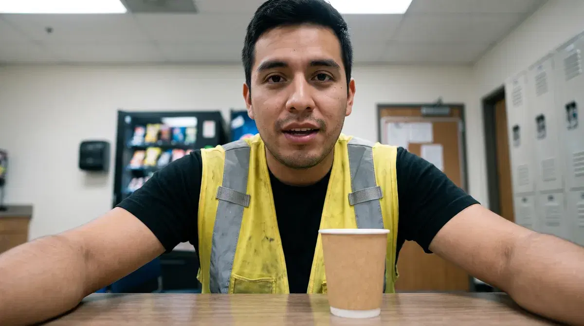 Luis, a forklift operator applicant in a hi-vis vest, answering an interview question from a warehouse break room