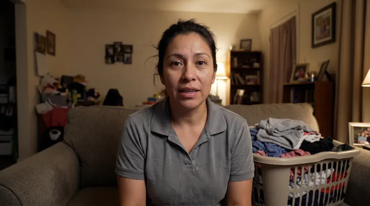 Carmen, a night cleaner applicant, answering an interview question from her sofa in the evening