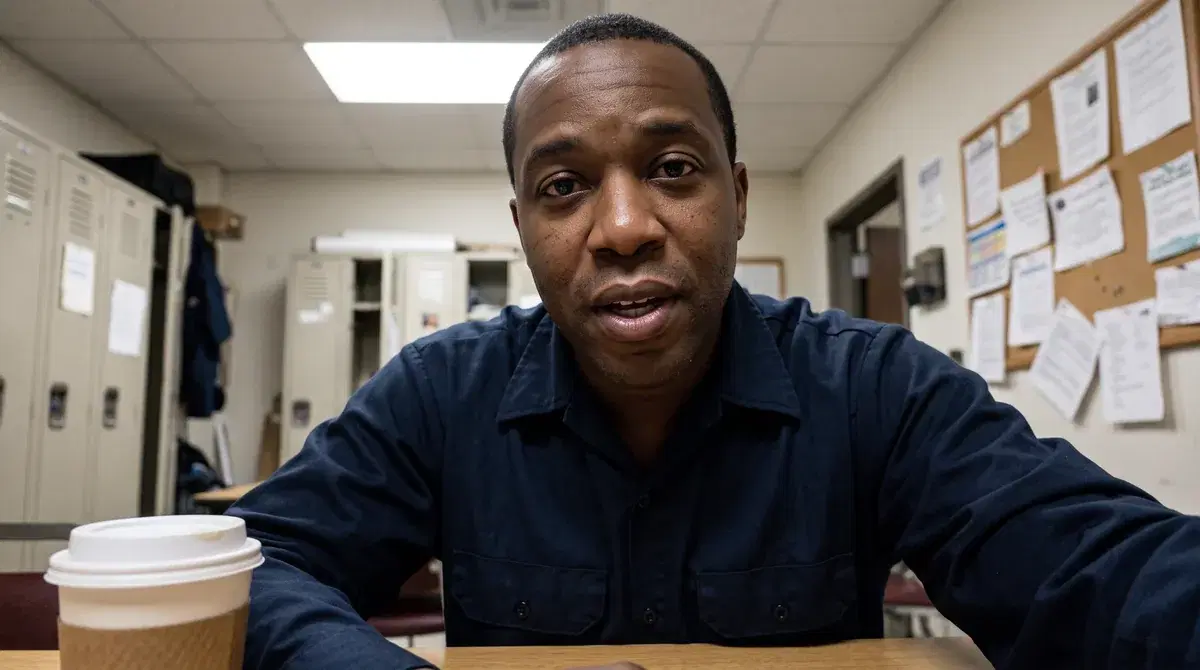 Marcus, a security officer applicant in a navy uniform shirt, answering an interview question from a break room before dawn