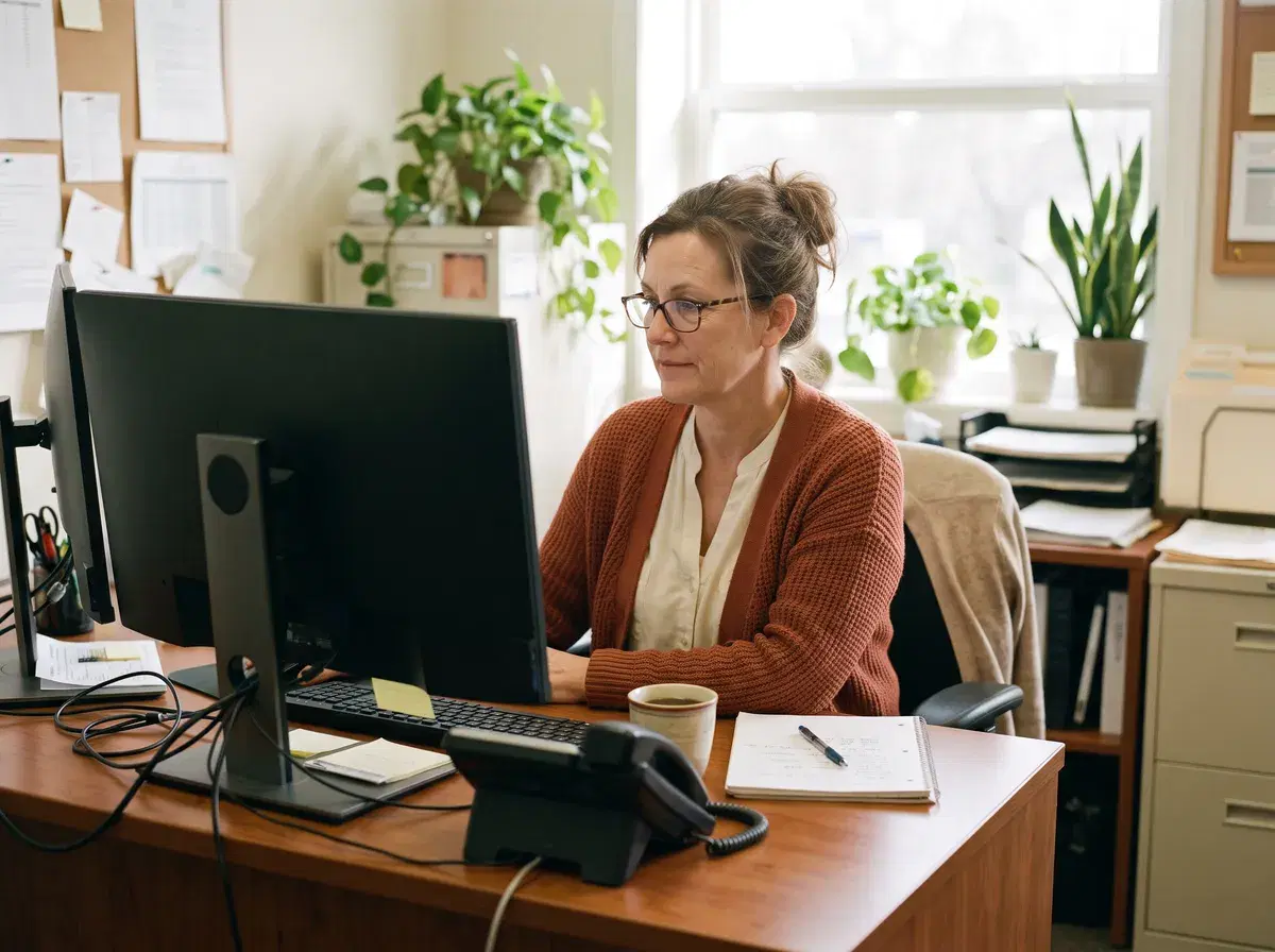 A recruiter at her desk reviewing ranked interview scores