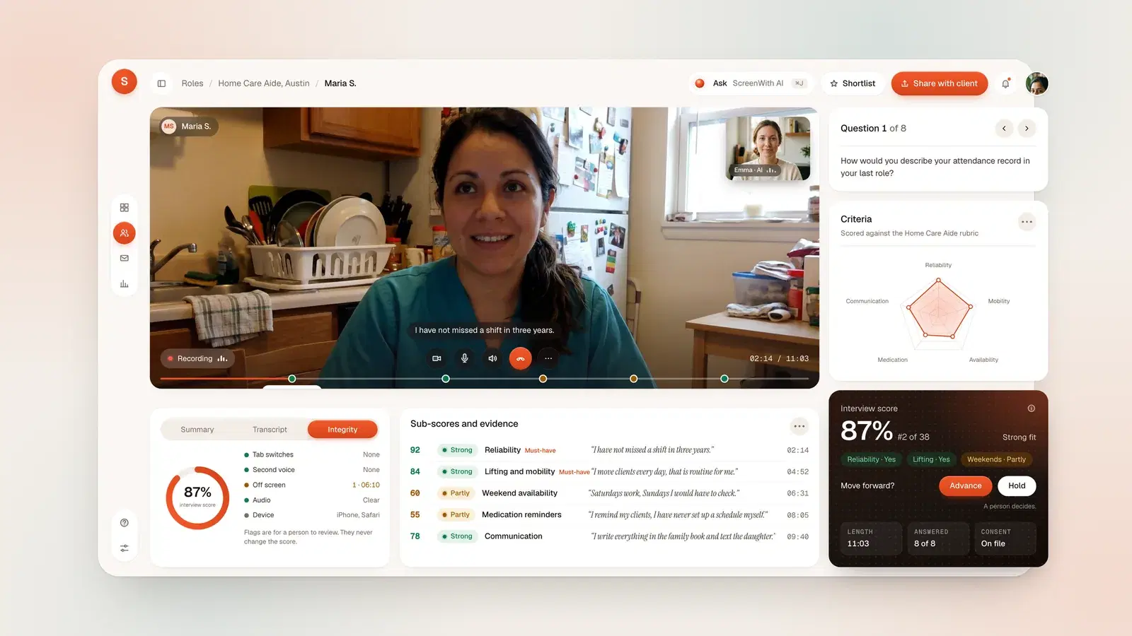 The review screen: the recording, sub-scores with their quotes and timestamps, and the interview score